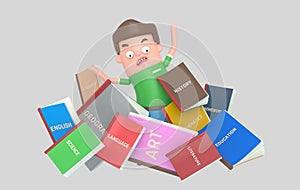 Scared Student under pile of books