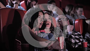 Scared teen friends watching horror in cinema