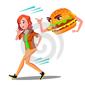 Scared Teen Girl Runing Away From Hamburger Vector. Isolated Cartoon Illustration