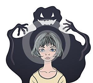 Scared teenage girl in front of a monster ghost. Psychology, fears and phobias. Colorful flat vector ilustration