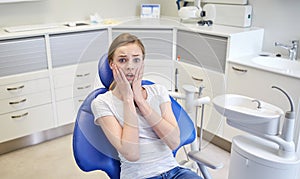 Scared and terrified patient girl at dental clinic