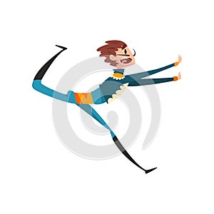 Scared toroedor running away from a bull, bullfighting, corrida performance vector Illustration on a white background