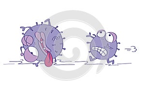 Scared viruses, one is terrified and running away, escaping from something dangerous, the second one is already injured or dead