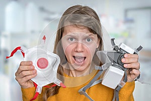 Scared woman chooses FFP3 respirator mask photo