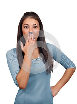 Scared woman covering her mouth by hand