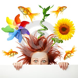 Scared woman with different object on her head