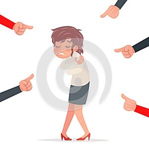 Scared woman helpless victim harassment pointing fingers fear female pain girl character isolated cartoon design vector photo