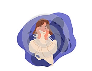 Scared woman with imaginary shadow touching her shoulders. Fear concept. Vector flat illustration.