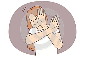 Scared woman make hand gesture