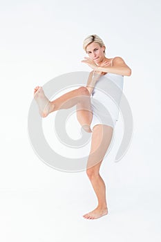 Scared woman protecting herself