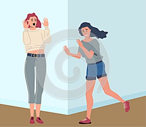 Scared woman. Suddenly running out person, surprised shocked or panicked girl, negative emotion, screaming character photo