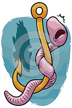 Scared Worm in a Hook with a Fish in Background, Vector Illustration