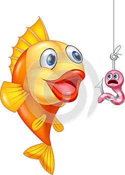 Scared worm with hungry fish