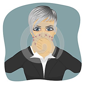 Scared young business woman covering her mouth with her hands