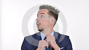 Scared Young Businessman Feeling Afraid, White Background