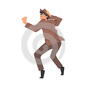Scared Young Man in Brown Suit and Fedora Hat, Shocked Guy with Fear Expression on His Face Cartoon Style Vector