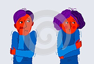 Scared young man and woman feeling uncomfortable vector illustration, phobia paranoia anxiety or other psychical and psychological