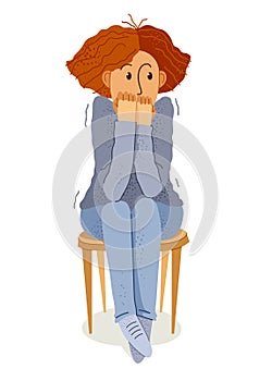 Scared young woman feeling uncomfortable vector illustration, phobia paranoia anxiety or other psychical and psychological