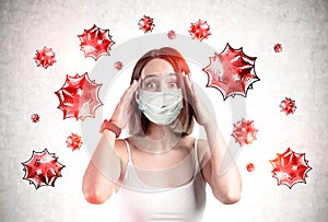 Scared young woman in medical mask, coronavirus