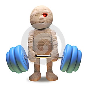 Scarey undead Egyptian mummy lifting some heavy weights, 3d illustration