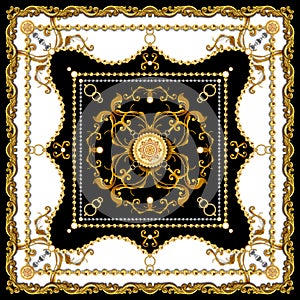 Scarf Design for Silk Print. Golden Baroque with Chains on Black and White Background. Square fashion print. Vintage Style Pattern