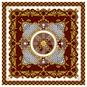 Scarf Design for Silk Print. Square fashion print. Vintage Style Pattern Ready for Textile. Golden Baroque on Red Background.