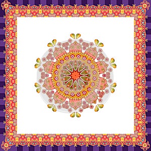 Scarf with flower - mandala on white background and bright ornamental border.