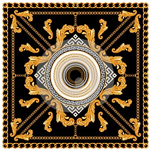 Scarf Golden Baroque Design with Chains for Silk Print. Square fashion print. Vintage Style Pattern Ready for Textile. On Black Ba