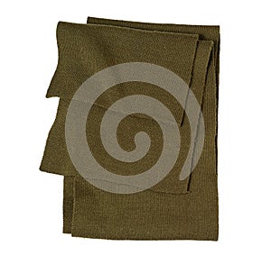 A scarf of a green shade is rolled up and lies isolated on a white background