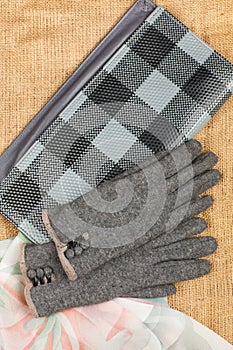 Scarf, handbag and gloves isolated on linen background.