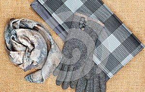 Scarf, handbag and gloves isolated on linen background.