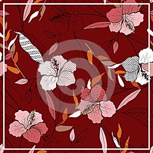 Scarf pattern seamless red floral print. Wallpaper blooming realistic isolated flowers lily hand drawn vintage background. Vector