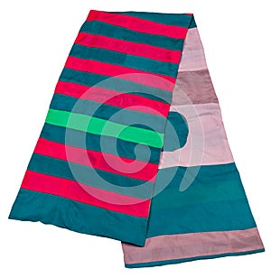 Scarf stitched from green, pink, blue, red strips