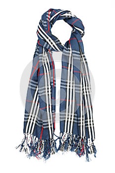 A scarf is woolen in a blue cage with red filaments and fringe, isolated on a white background photo