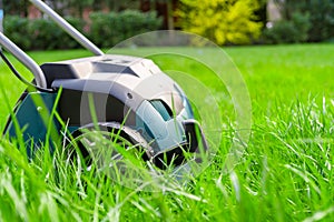 Scarifier on green grass. Work in the garden.