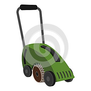 Scarifier, verticutter, aerator is on lawn. Electric Scarifier with grass catcher. Create perfect lawn. Scarifier is