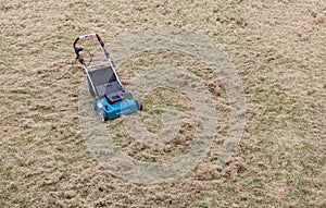 Scarifying lawn with scarifier, scarifies the lawn and removal of old grass