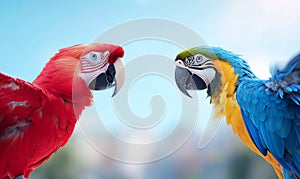 Scarlet and blue macaw parrots facing each other