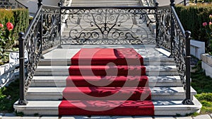 a scarlet carpet cascades down the stairs, adorned with a sleek silver handrail, leading guests to the entrance of a