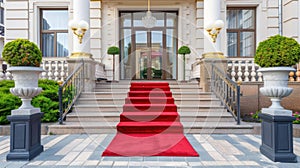 a scarlet carpet cascades down the stairs, adorned with a sleek silver handrail, leading guests to the entrance of a