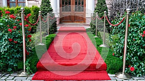 a scarlet carpet cascades down the stairs, adorned with a sleek silver handrail, leading guests to the entrance of a