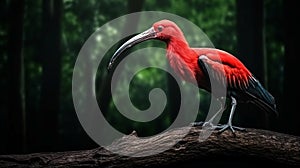 Scarlet ibis on tree trunk over dark forest background. generative ai photo