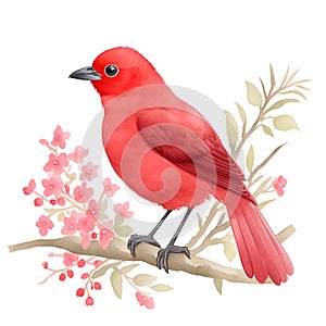 Scarlet Iiwi bird in cartoon style. Cute Little Cartoon Scarlet Iiwi bird isolated on white background. Watercolor drawing, hand-