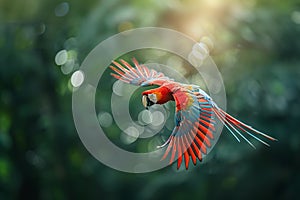 Scarlet Macaw flying in forest.Generative AI