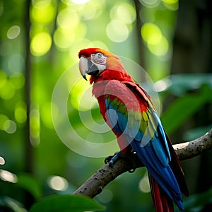 Scarlet macaw perched on tree branch in lush green tropical jungle setting. photo
