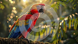 Scarlet Macaw Radiates With Vivid Red, Yellow, And Blue Feathers While Perched In Sun-Dappled Forest