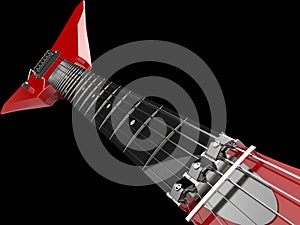 Scarlet red heavy metal electric guitar - closeup shot on the frets