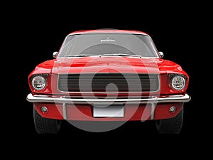 Scarlet red vintage American muscle car - front view closeup shot