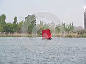 scarlet sail on the river in the morning