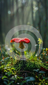 Scarlet sprite vibrant red fly mushroom awakens verdant meadow, captivating display natural beauty